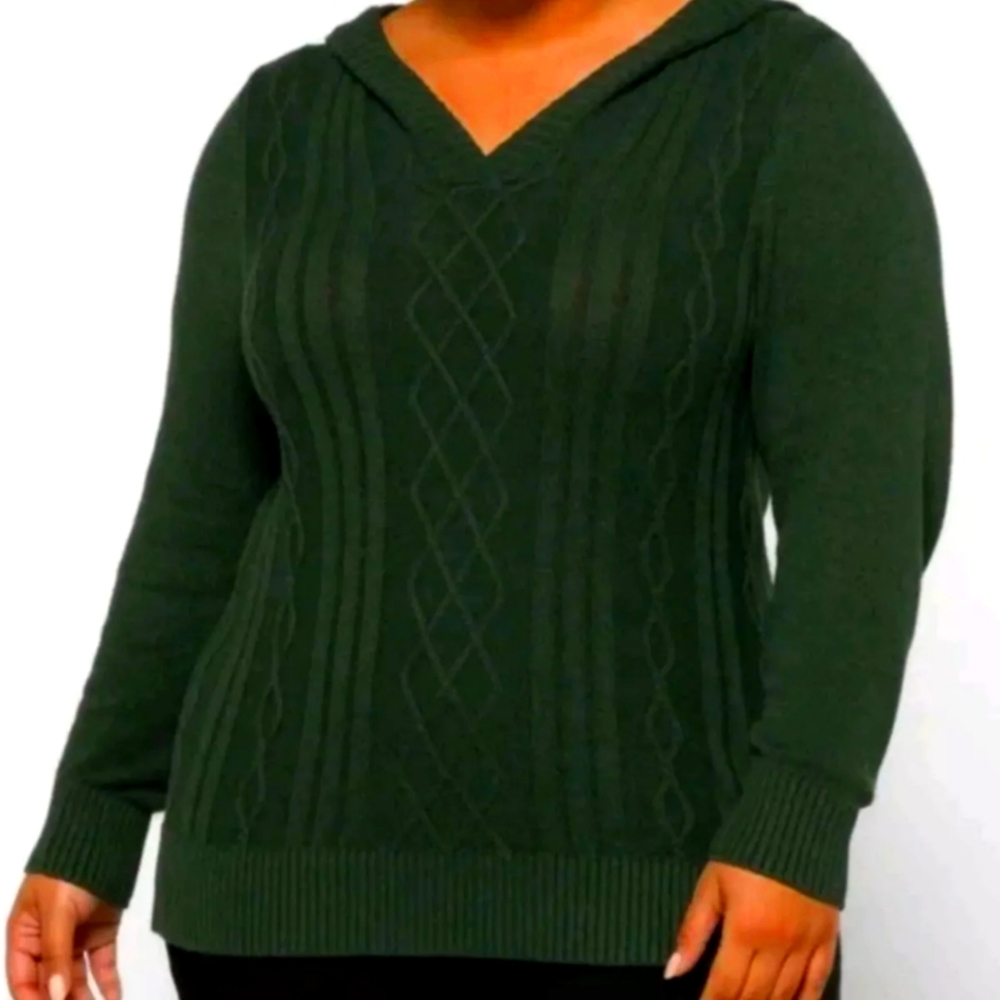 Market & Spruce Afon Hooded Sweater - Size 1X, Cable Knit V-Neck Pullover